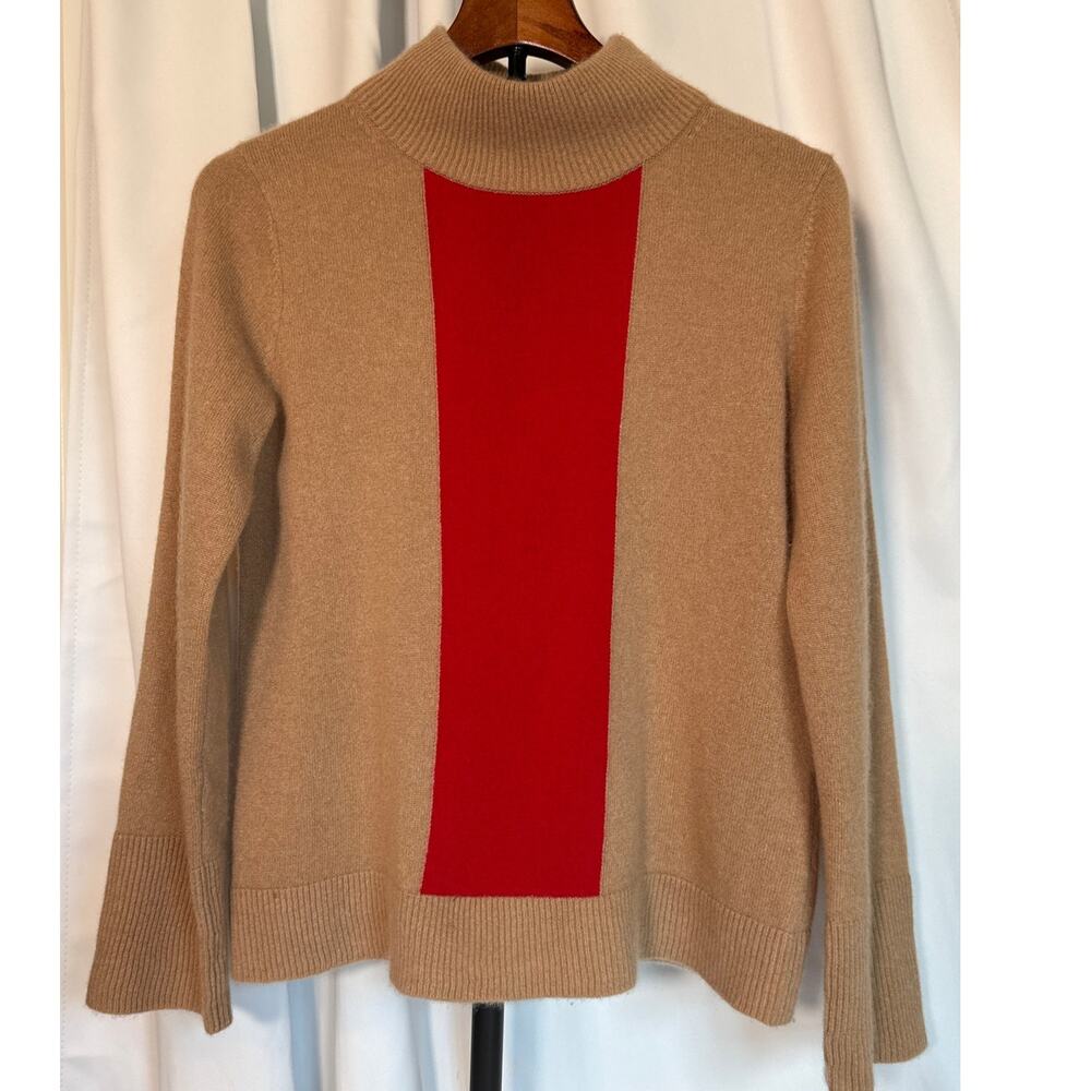 Magaschoni 100% Cashmere Mock Neck Sweater Red & Tan Colorblock Small